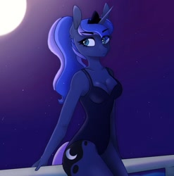 Size: 1334x1350 | Tagged: safe, artist:_alixxie_, imported from derpibooru, princess luna, anthro, breasts, cleavage, clothes, eye clipping through hair, eyebrows, eyebrows visible through hair, female, horn, moon, night, one-piece swimsuit, solo, stars, swimsuit