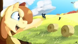 Size: 1920x1080 | Tagged: safe, artist:storyteller, butterfly, pony, cloud, hay bale, open mouth, smiling, sun