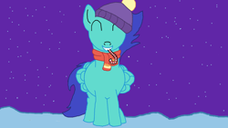 Size: 1920x1080 | Tagged: safe, artist:iloinen1, imported from ponybooru, oc, oc:azelfu, candy, candy cane, christmas, eyes closed, food, hat, holiday, male, night, smiling, snow, solo, stallion, tail, winter hat, winter scarf
