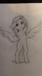 Size: 1152x2048 | Tagged: safe, artist:miokomata, imported from derpibooru, fluttershy, pegasus, semi-anthro, arm behind head, female, floppy ears, freckles, freckleshy, grayscale, looking away, mare, monochrome, pencil drawing, solo, spread wings, traditional art, wings