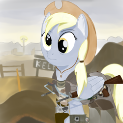 Size: 900x900 | Tagged: safe, artist:squishment, derpy hooves, pegasus, boots, clothes, crossover, fallout: new vegas, hat, mare, solo, weapon