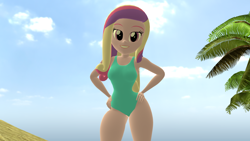 Size: 1920x1080 | Tagged: safe, artist:mr.uberrebu25, imported from derpibooru, princess cadance, equestria girls, 3d, beach, beach babe, blue swimsuit, breasts, busty princess cadance, clothes, dean cadance, hand on hip, leotard, one-piece swimsuit, solo, swimsuit