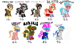 Size: 7500x4506 | Tagged: safe, artist:skunk bunk, imported from derpibooru, oc, oc only, oc:backseat bingo, oc:bad trip, oc:bangtail baby, oc:dismal dust, oc:electric slide, oc:rug cutter, oc:too cool, oc:trench hoof, oc:wipe out, earth pony, pony, '90s, 1910s, 20s, 30s, 40s, 50s, 60s, 70s, 80s, absurd resolution, afro, apron, art deco, bandage, beach babe, bedroom eyes, belt, bikini, bow, clothes, diner uniform, dreamworks face, dress, dust, dustbowl, ear piercing, earring, earth pony oc, evening gloves, eyelashes, eyeshadow, fatigues, feather, female, flapper, flower, flower in hair, frown, gloves, great depression, grin, helmet, high, hippie, jeans, jewelry, leg warmers, leg wraps, lipstick, long gloves, makeup, mare, modern art, musician, necklace, pants, peace symbol, pearl, pearl necklace, piercing, poor, pouch, ptsd, roller skates, sad, sandals, scar, scarf, sequins, shocked, shocked expression, simple background, smiley face, smiling, smug, soldier, sultry, sunglasses, swimsuit, vaporwave, waitress, wall of tags, war, white background, world war i