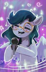 Size: 1500x2312 | Tagged: safe, artist:hierozaki, imported from derpibooru, oc, oc only, oc:namii, pegasus, pony, glasses, microphone, singing, solo