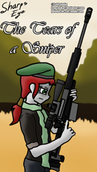 Size: 986x1735 | Tagged: safe, artist:jrapcdaikari, imported from derpibooru, oc, oc only, oc:sharps eye, equestria girls, ax-50, beret, gun, hat, rifle, sniper rifle, weapon