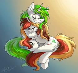 Size: 2550x2400 | Tagged: safe, artist:kaylerustone, imported from derpibooru, oc, oc only, oc:scarlet serenade, oc:vinyl mix, pony, unicorn, couple, cuddling, eyes closed, gradient background, high res, hug, relaxing, scarletmix, shipping, smiling, underhoof