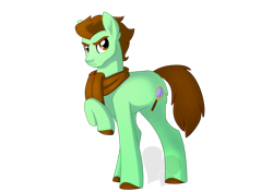 Size: 1280x900 | Tagged: safe, artist:faith-wolff, imported from derpibooru, oc, oc only, oc:chocolate mint, earth pony, pony, clothes, earth pony oc, eyebrows, frown, looking at you, magnifying glass, male, raised hoof, scarf, simple background, solo, stallion, transparent background