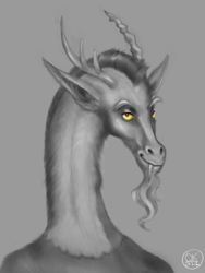 Size: 1200x1600 | Tagged: safe, artist:socialgutbrain777, imported from derpibooru, discord, draconequus, antlers, beard, facial hair, gray background, long neck, looking at you, male, monochrome, realistic, red eyes, signature, simple background, smiling, smiling at you, solo, yellow eyes