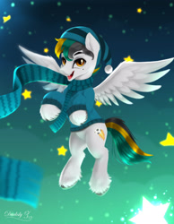 Size: 1631x2100 | Tagged: safe, artist:darksly, imported from derpibooru, oc, oc only, pegasus, pony, clothes, cloven hooves, flying, open mouth, pegasus oc, raffle winner, solo