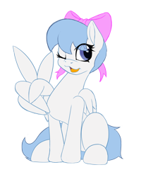 Size: 2000x2500 | Tagged: safe, artist:miniferu, imported from derpibooru, oc, oc only, oc:chrome fuchsia, pegasus, pony, derpibooru community collaboration, 2022 community collab, eye clipping through hair, feathered wings, female, high res, looking at you, mare, one eye closed, open mouth, open smile, peace sign, pegasus oc, simple background, sitting, smiling, smiling at you, solo, transparent background, wing hands, wings, wink, winking at you
