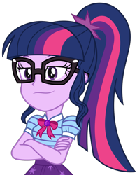 Size: 2213x2828 | Tagged: safe, artist:sketchmcreations, imported from derpibooru, sci-twi, twilight sparkle, equestria girls, equestria girls series, holidays unwrapped, spoiler:eqg series (season 2), :s, crossed arms, female, geode of telekinesis, glasses, high res, lidded eyes, magical geodes, ponytail, simple background, smiling, smirk, smug, solo, the cider louse fools, transparent background, vector, wavy mouth