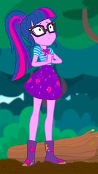 Size: 576x1024 | Tagged: safe, edit, imported from derpibooru, sci-twi, twilight sparkle, equestria girls, equestria girls series, stressed in show, stressed in show: fluttershy, boots, clothes, glasses, log, mud, mud edit, muddy, ponytail, shoes, skirt