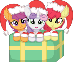 Size: 7764x6623 | Tagged: safe, artist:cyanlightning, imported from derpibooru, apple bloom, scootaloo, sweetie belle, earth pony, pegasus, pony, unicorn, .svg available, :p, absurd resolution, box, christmas, clothes, costume, cutie mark crusaders, ear fluff, female, filly, foal, grin, hat, holiday, lidded eyes, lip bite, looking at you, open mouth, open smile, pony in a box, present, santa costume, santa hat, simple background, smiling, smiling at you, tongue out, transparent background, trio, trio female, vector