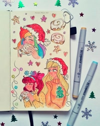 Size: 1789x2235 | Tagged: safe, artist:valeriamagicart, imported from derpibooru, apple bloom, applejack, rainbow dash, human, christmas, eyes closed, female, holiday, humanized, mug, traditional art