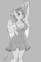 Size: 1000x1500 | Tagged: safe, artist:mrscurlystyles, imported from derpibooru, pipp petals, anthro, pegasus, breasts, busty pipp petals, cellphone, cleavage, clothes, dress, female, g5, grayscale, headband, monochrome, my little pony: a new generation, one eye closed, phone, selfie, sketch, smiling, solo, sparkles, spread wings, wings, wink