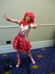 Size: 1548x2066 | Tagged: safe, artist:rjth, imported from derpibooru, pinkie pie, human, boots, clothes, converse, cosplay, costume, cutie mark on clothes, irl, irl human, katsucon, katsucon 2013, knee-high boots, peace sign, photo, shoes, sneakers, solo