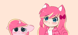 Size: 6232x2800 | Tagged: safe, artist:kittyrosie, imported from derpibooru, oc, oc only, oc:rosa flame, human, pony, unicorn, anime style, blushing, cute, floppy ears, horn, ocbetes, sad, sad pony, sadorable, self paradox, self ponidox, simple background, unicorn oc