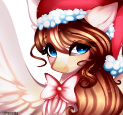 Size: 3420x3200 | Tagged: safe, artist:2pandita, imported from derpibooru, oc, oc:strawberry milk, pegasus, pony, bust, christmas, female, hat, high res, holiday, mare, neck bow, portrait, santa hat, solo