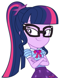 Size: 1891x2481 | Tagged: safe, artist:sketchmcreations, imported from derpibooru, sci-twi, twilight sparkle, equestria girls, equestria girls series, holidays unwrapped, spoiler:eqg series (season 2), crossed arms, female, geode of telekinesis, glasses, high res, magical geodes, simple background, smiling, smirk, smug, solo, the cider louse fools, transparent background, vector