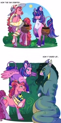 Size: 2200x4400 | Tagged: safe, artist:theartfox2468, imported from derpibooru, oc, oc only, oc:estella sparkle, oc:valentine, alicorn, earth pony, frog, ophiotaurus, pony, snake, body freckles, braces, coat markings, colored hooves, crystal horn, egg, fangs, female, food, freckles, hair over eyes, hat, horn, leonine tail, long tongue, mare, offspring, parent:big macintosh, parent:flash sentry, parent:fluttershy, parent:twilight sparkle, parents:flashlight, parents:fluttermac, pet, slit pupils, socks (coat markings), strawberry, sun hat, tail, tongue out