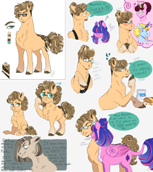 Size: 4000x4500 | Tagged: safe, artist:theartfox2468, imported from derpibooru, oc, oc:echinacea, oc:estella sparkle, oc:polaris star, oc:rocky road, alicorn, earth pony, pony, unicorn, age progression, baby, baby pony, bisexual, blushing, chest fluff, colt, crystal horn, dialogue, female, foal, glasses, hair over eyes, horn, male, mare, offspring, parent:cheese sandwich, parent:flash sentry, parent:pinkie pie, parent:prince blueblood, parent:trixie, parent:twilight sparkle, parents:bluetrix, parents:cheesepie, parents:flashlight, peanuts, simple background, sniffing, speech bubble, stallion, white background