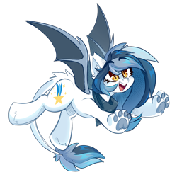 Size: 2000x2000 | Tagged: safe, artist:star-theft, imported from derpibooru, oc, oc:cobalt comet, bat pony, hippogriff, hybrid, original species, pony, derpibooru community collaboration, 2022 community collab, bandana, bat pony oc, bat wings, clothes, ear fluff, fangs, female, flying, happy, high res, leonine tail, long hair, long tail, mare, paw pads, paws, simple background, slit pupils, solo, tail, transparent background, underpaw, wings