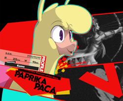 Size: 2323x1917 | Tagged: safe, artist:hitsuji, imported from derpibooru, them's fightin' herds, community related, paprika (tfh), persona, persona 4, persona 4 arena, solo, style emulation, text