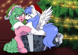 Size: 3507x2481 | Tagged: safe, artist:arctic-fox, imported from derpibooru, oc, oc only, oc:pine berry, oc:snow pup, earth pony, pegasus, pony, box, christmas, female, hat, high res, holiday, kissing, lesbian, pony in a box, present, santa hat, surprise kiss, surprised