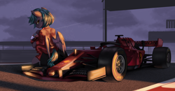 Size: 4124x2137 | Tagged: source needed, safe, artist:theprince, imported from derpibooru, oc, oc only, oc:antimony, pegasus, pony, car, clothes, cloud, eyebrows, eyelashes, female, ferrari, formula 1, helmet, high res, lidded eyes, looking at you, looking back, looking back at you, mare, motorsport, night, outdoors, race track, racecar, racing suit, sitting, sky, smiling, smiling at you, smirk, solo, stars, wings