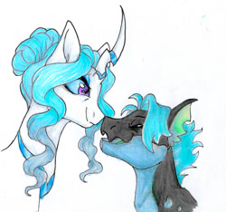Size: 1094x1024 | Tagged: safe, artist:ask-y, imported from derpibooru, oc, oc only, pony, duo, horn, simple background, smiling, traditional art, white background