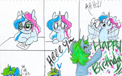 Size: 1673x1044 | Tagged: safe, artist:ask-y, imported from derpibooru, oc, oc only, pony, unicorn, bored, comic, female, glasses, happy birthday, horn, mare, simple background, surprised, traditional art, unicorn oc, white background, white eyes