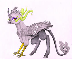 Size: 1934x1579 | Tagged: safe, artist:ask-y, imported from derpibooru, oc, oc only, hippogriff, crack ship offspring, curved horn, horn, interspecies offspring, offspring, parent:gilda, parent:king sombra, simple background, solo, sombra eyes, traditional art, white background