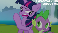Size: 1920x1080 | Tagged: safe, edit, edited screencap, editor:quoterific, imported from derpibooru, screencap, spike, twilight sparkle, alicorn, dragon, pony, season 6, to where and back again, caption, duo, female, folded wings, green eyes, horn, looking at someone, male, mare, multicolored mane, open mouth, outdoors, purple eyes, text, twilight sparkle (alicorn), wings