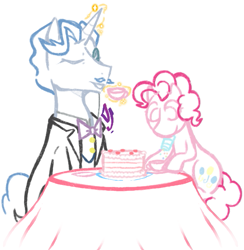 Size: 737x754 | Tagged: safe, artist:dsstoner, imported from derpibooru, fancypants, pinkie pie, cake, food, implied shipping, magic, sprinkles, tea