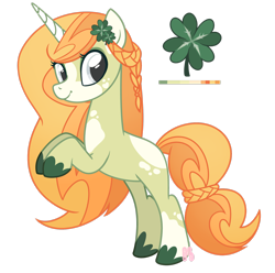 Size: 2460x2437 | Tagged: safe, artist:khimi-chan, imported from derpibooru, oc, oc only, pony, unicorn, braid, clover, high res, horn, rearing, simple background, smiling, transparent background, unicorn oc, unshorn fetlocks