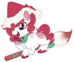 Size: 2034x1697 | Tagged: safe, artist:khimi-chan, imported from derpibooru, oc, oc only, earth pony, pony, broom, christmas, ear piercing, earring, eyelashes, female, flying, flying broomstick, hat, holiday, jewelry, laughing, mare, piercing, santa hat, simple background, transparent background, underhoof