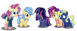 Size: 2400x961 | Tagged: safe, artist:gihhbloonde, imported from derpibooru, oc, oc only, pony, unicorn, base used, clothes, female, filly, foal, freckles, glasses, group, horn, offspring, parent:comet tail, parent:flash sentry, parent:moondancer, parent:prince blueblood, parent:star tracker, parent:starlight glimmer, parent:sunburst, parent:sunset shimmer, parent:trixie, parent:twilight sparkle, parents:bluetrix, parents:cometdancer, parents:flashimmer, parents:starburst, parents:twitracker, scarf, simple background, transparent background, unicorn oc