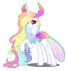 Size: 1600x1700 | Tagged: safe, artist:gihhbloonde, imported from derpibooru, oc, oc only, changedling, changeling, changepony, hybrid, pony, antlers, base used, changedling oc, changeling oc, eyelashes, horn, interspecies offspring, multicolored hair, offspring, parent:princess celestia, parent:thorax, parents:thoralestia, rainbow hair, simple background, solo, transparent background