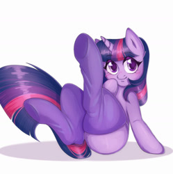 Size: 1280x1286 | Tagged: safe, artist:pecherpa, imported from derpibooru, twilight sparkle, pony, unicorn, blushing, butt, clothes, cute, female, looking at you, mare, plot, simple background, smiling, socks, solo, stockings, thigh highs, twiabetes, twibutt, unicorn twilight, white background