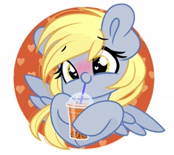 Size: 2048x1826 | Tagged: safe, artist:emberslament, imported from derpibooru, derpy hooves, pegasus, pony, blushing, bubble tea, cute, derpabetes, drink, heart, heart eyes, simple background, smiling, solo, spread wings, white background, wingding eyes, wings