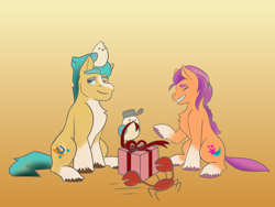 Size: 3600x2700 | Tagged: safe, artist:daotterguy, imported from derpibooru, hitch trailblazer, sunny starscout, bird, crab, earth pony, pony, critter magnet, duo, female, g5, hearth's warming, high res, kenneth, male, mare, mcsnips-a-lot, my little pony: a new generation, stallion