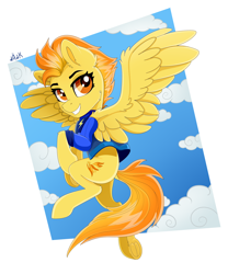 Size: 4000x4800 | Tagged: safe, artist:rainbowfire, imported from derpibooru, spitfire, pegasus, pony, absurd resolution, beginner artist, cloud, confident, feather, female, flying, mare, orange, orange eyes, signature, sky, smiling, solo, wings, yellow