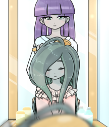Size: 640x740 | Tagged: safe, artist:batipin, imported from derpibooru, marble pie, maud pie, equestria girls, brush, combing, duo, equestria girls-ified, eyes closed, female, hairbrush, mirror