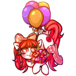 Size: 1200x1200 | Tagged: safe, artist:bunchi, imported from derpibooru, oc, oc only, oc:poppy doll, earth pony, pony, derpibooru community collaboration, 2022 community collab, adorable face, balloon, blushing, bouquet, clothes, cute, flower, heart, heart eyes, looking at you, red eyes, simple background, smiling, smiling at you, socks, solo, swirly eyes, thigh highs, transparent background, wingding eyes