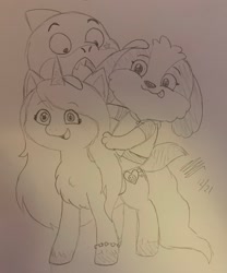Size: 1706x2048 | Tagged: safe, artist:nina_does_art, imported from derpibooru, izzy moonbow, dog, pony, shark, unicorn, baby shark, dogs in space, g5, kimiko glenn, my little pony: a new generation, traditional art, voice actor joke