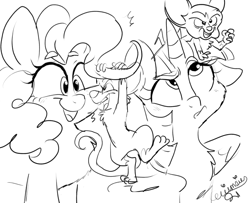 Size: 1280x1040 | Tagged: safe, artist:wimsiecal, imported from derpibooru, pinkie pie, twilight sparkle, alicorn, earth pony, mouse, pony, monochrome, pinky and the brain, simple background, twilight sparkle (alicorn), white background