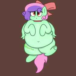 Size: 1280x1280 | Tagged: safe, anonymous artist, derpibooru exclusive, imported from derpibooru, oc, oc only, oc:candy, pegasus, pony, :o, belly, belly button, brown background, fat, hungry, obese, open mouth, simple background, solo, stomach noise