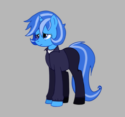 Size: 1146x1068 | Tagged: safe, artist:menalia, imported from derpibooru, oc, oc only, oc:freezy coldres, pony, unicorn, clothes, female, frown, full body, gray background, horn, jacket, mare, pants, sad, shirt, shoes, show accurate, simple background, solo, standing, t-shirt, tail, two toned mane, two toned tail, unicorn oc