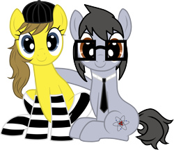 Size: 1857x1605 | Tagged: safe, artist:silver-bristle, derpibooru exclusive, imported from derpibooru, oc, oc only, oc:liz (cardshark777), oc:silver bristle, earth pony, pony, derpibooru community collaboration, 2022 community collab, brown eyes, clothes, duo, earth pony oc, female, glasses, gray mane, gray tail, hat, male, mare, necktie, show accurate, simple background, sitting, smiling, socks, stallion, striped socks, transparent background