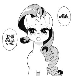 Size: 1101x1100 | Tagged: safe, artist:ravenirik, imported from derpibooru, rarity, pony, unicorn, hug request, monochrome, open mouth, simple background, solo, speech bubble, white background